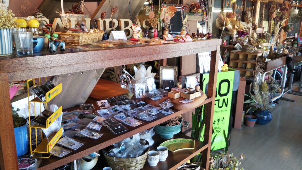 木製で横長の商品棚にはオシャレな雑貨が多数展示されている。